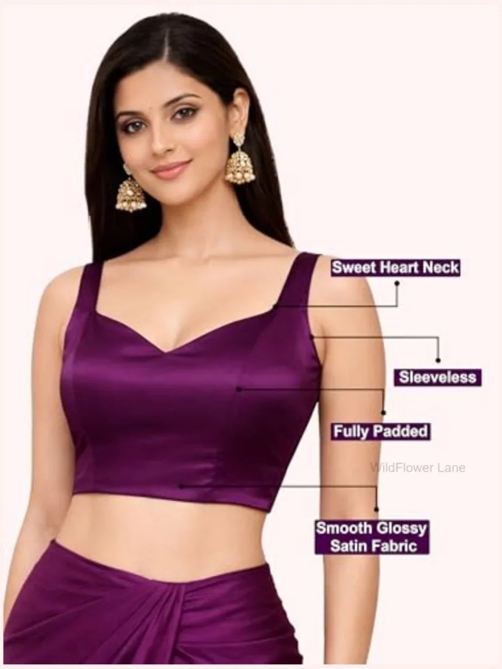 Satin Silk Saree Blouse Choli Sweetheart Neckline Sleeveless Ready to Wear - Picture 4 of 7